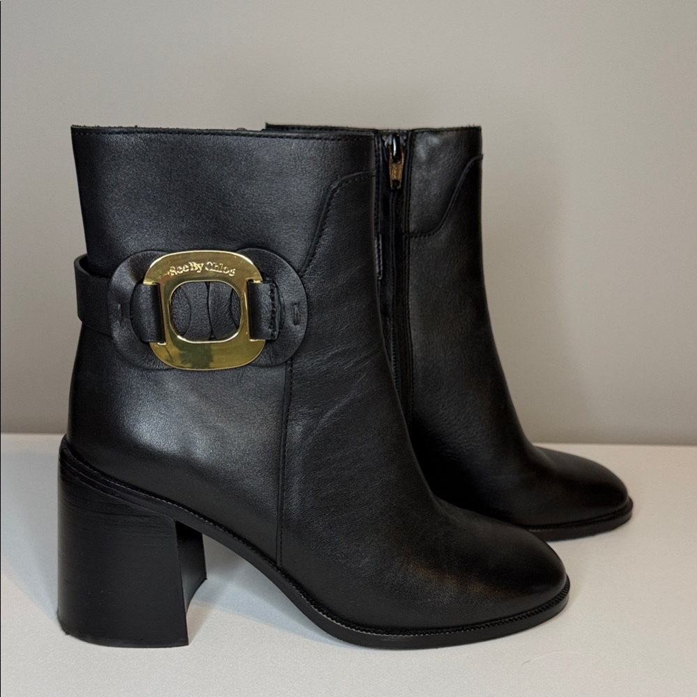 See by Chloe Black Leather Ankle Boots with Gold Buckle sz 37